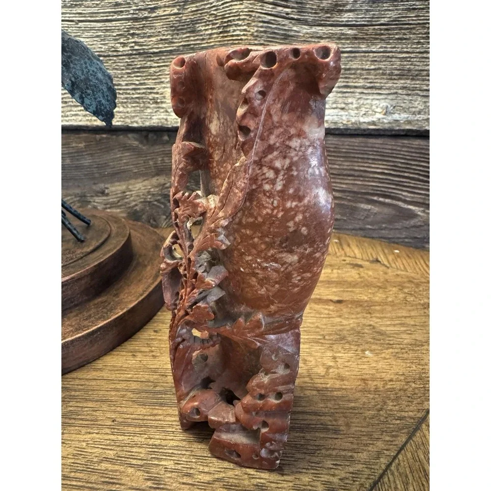Vintage Hand Carved Chinese Flower Leaves,‎ Plants Natural Soapstone Ornate Vase